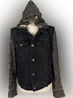 🧥Black Rivet Distressed Denim Jacket w/ Hood Women’s Size L Black EUC